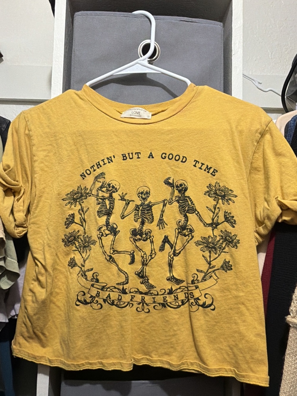 Love Mustard Yellow Crop Tee with Dancing Skeleton Graphic